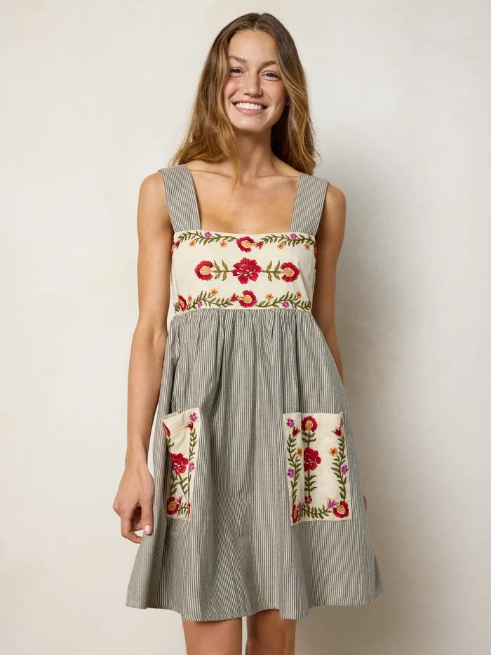 Memory Lane Smocked Cotton Embroidered Mini Dress - Ticking Stripe Navy-view 5