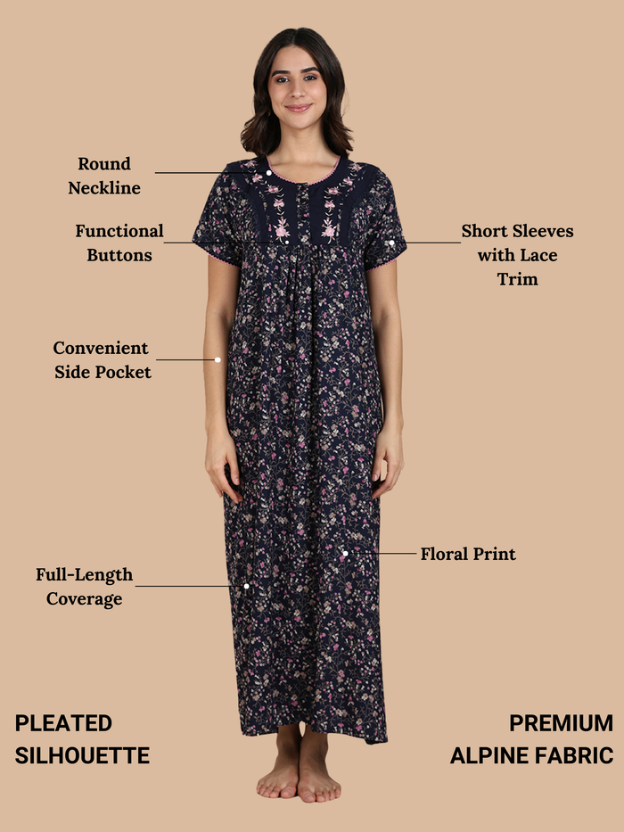 Midnight Blossom Alpine Floral Nighty for Women Breathable and Cozy