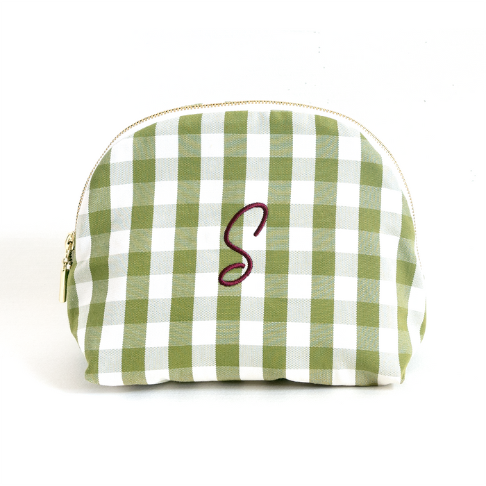 Millie Moss green and white checked pouch with embroidered letter S and gold zipper, stylish and customizable accessory