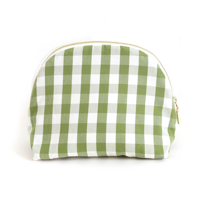 Millie Moss pouch featuring a green and white gingham pattern with a gold zipper for a stylish, customizable look