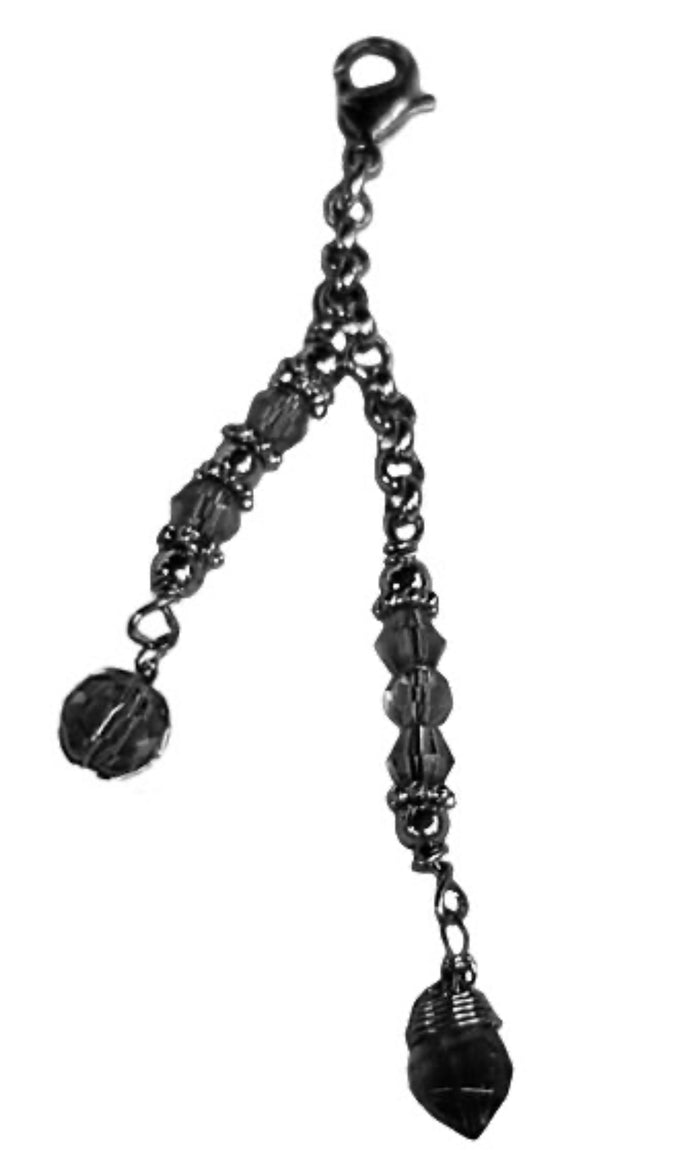 Gun Black beaded charm accessory for 2" Mini Hair Twister Spiral Hair Wrap with black crystal beads and lobster clasp, product view on white background.