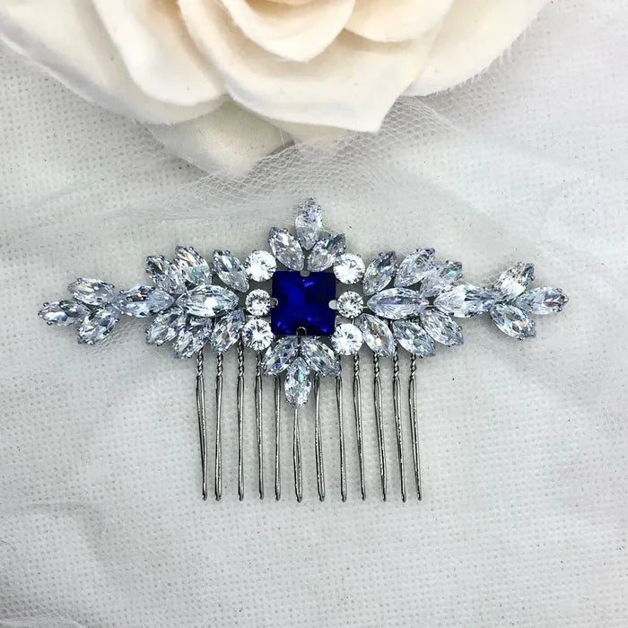 Wedding Hair Accessories - Blue Cubic Zirconia Bridal Hair Comb