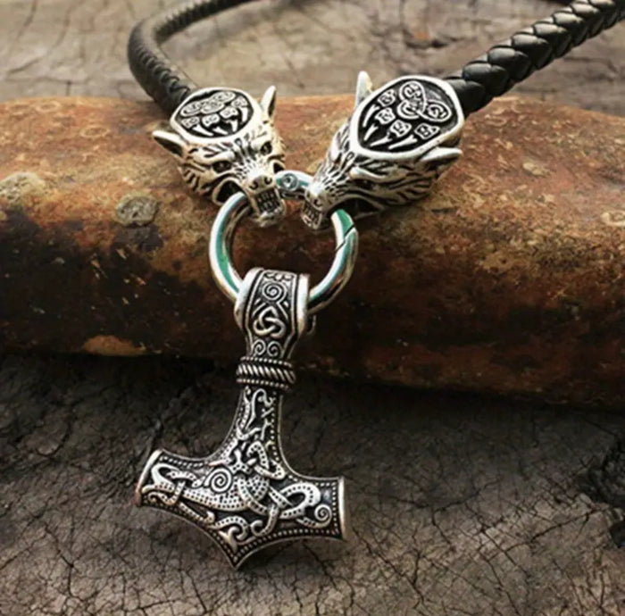 "Mjöllnir" Thor's Hammer Pendant & Necklace, Antique Wolf Head Leather Rope Necklace