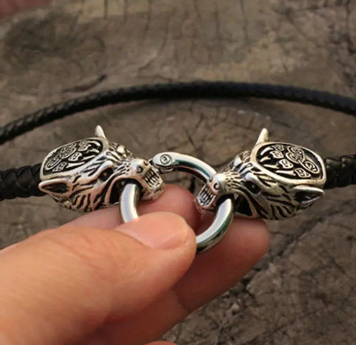"Mjöllnir" Thor's Hammer Pendant & Necklace, Antique Wolf Head Leather Rope Necklace