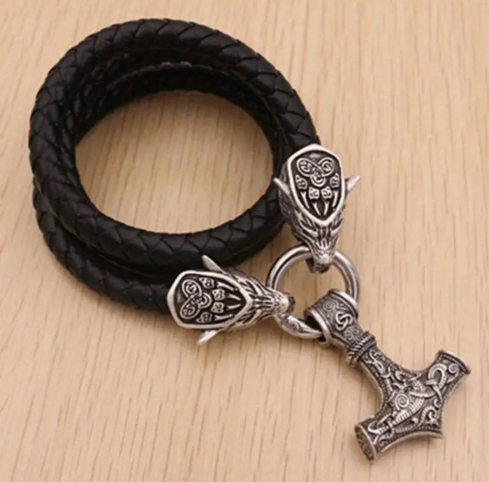 "Mjöllnir" Thor's Hammer Pendant & Necklace, Antique Wolf Head Leather Rope Necklace