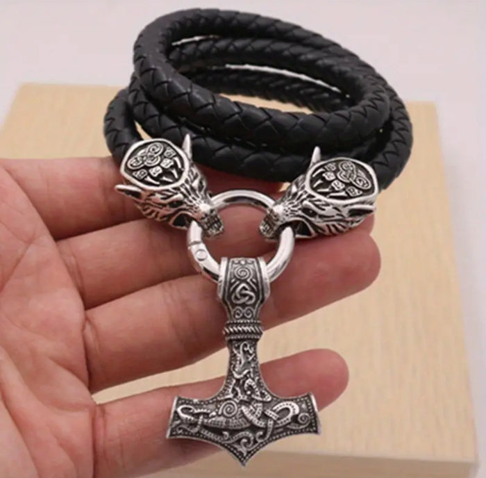 "Mjöllnir" Thor's Hammer Pendant & Necklace, Antique Wolf Head Leather Rope Necklace
