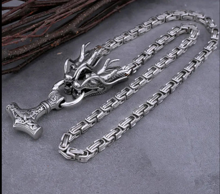 Mjolnir Pendant & Necklace with Loki's Dragons