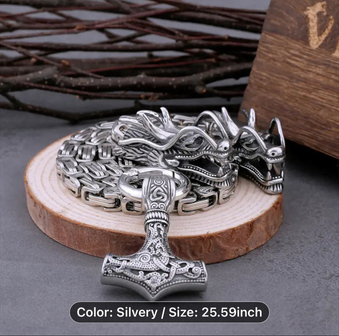 Mjolnir Pendant & Necklace with Loki's Dragons