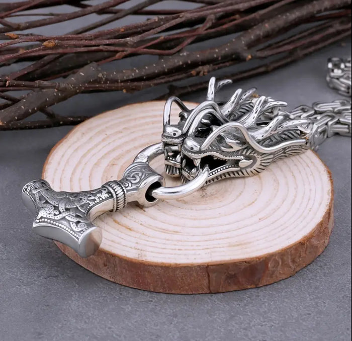 Mjolnir Pendant & Necklace with Loki's Dragons