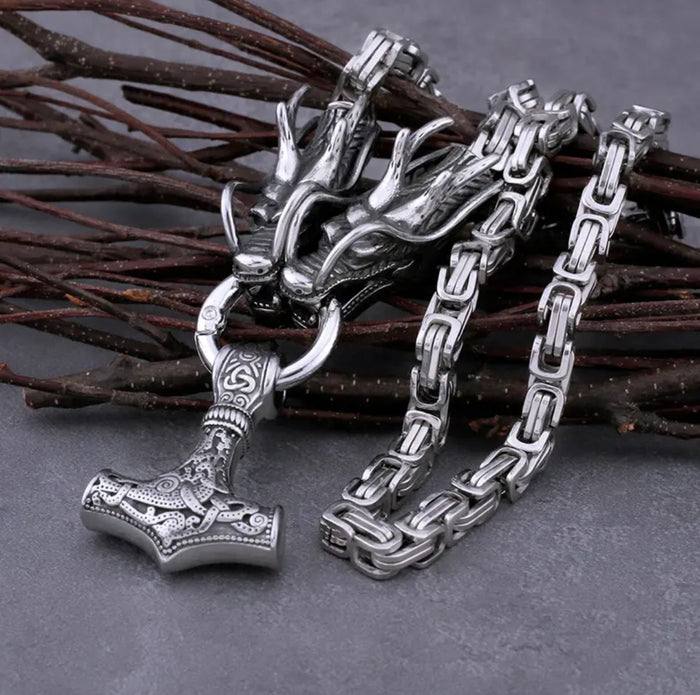 Mjolnir Pendant & Necklace with Loki's Dragons