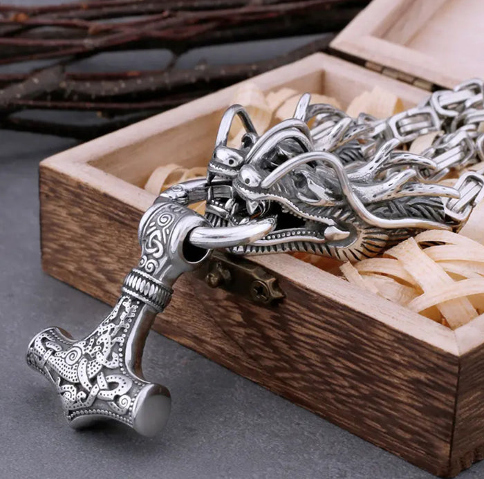 Mjolnir Pendant & Necklace with Loki's Dragons