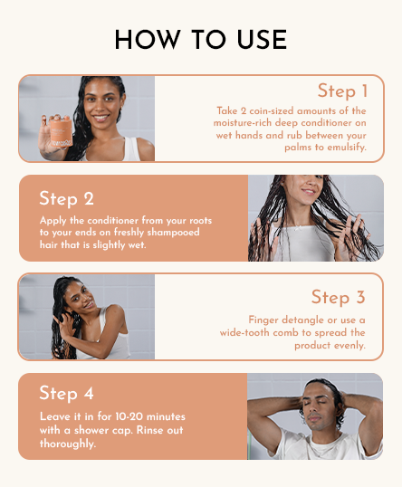 The four-step process of using the Moisture Melt Deep Conditioning Hair Mask is highlighted