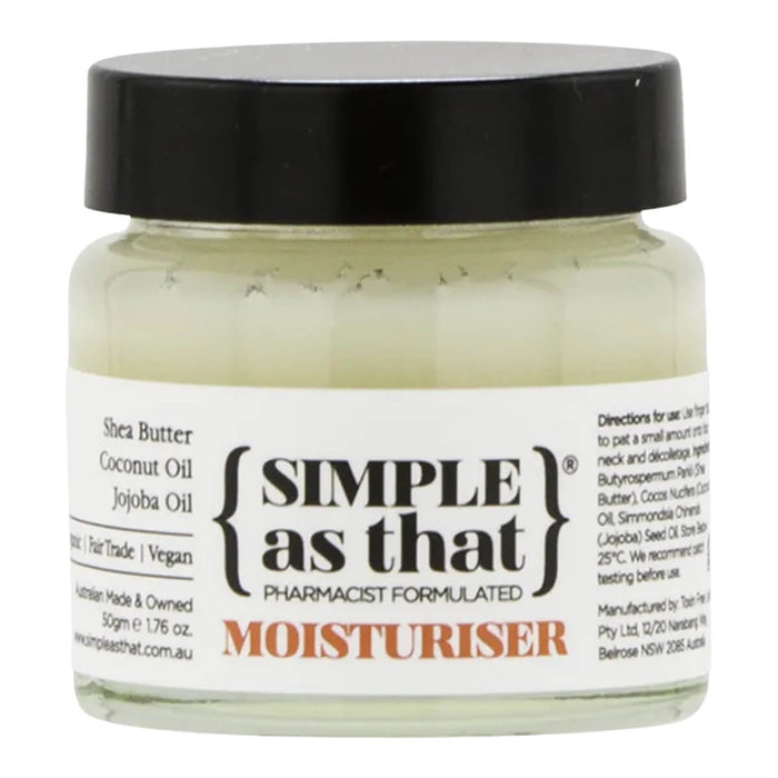 Jar of moisturizer with a black lid and 'Simple as that' label on a white background