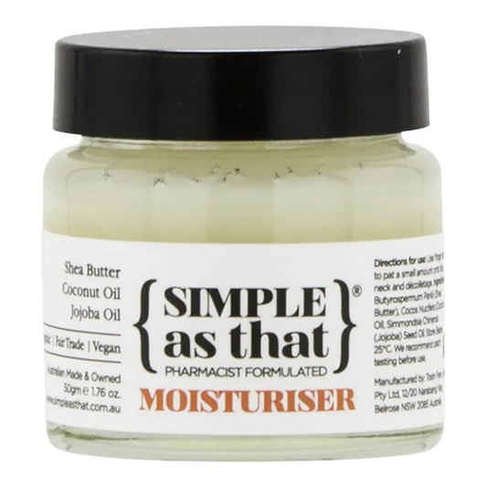 Jar of moisturizer with a black lid and 'Simple as that' label on a white background