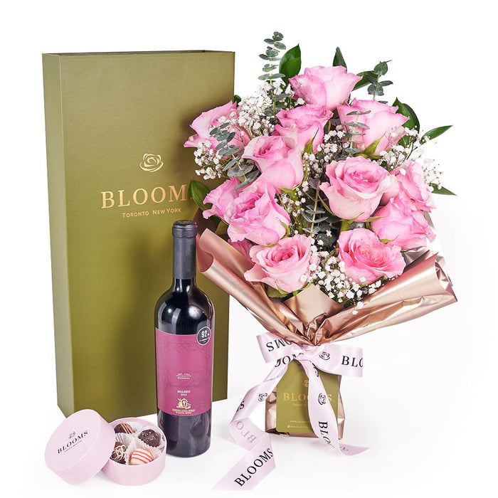 Mother's Day Dozen Pink Rose Bouquet with Box, Wine, & Chocolate, New Jersey – gift basket with this gift includes a dozen pink roses with