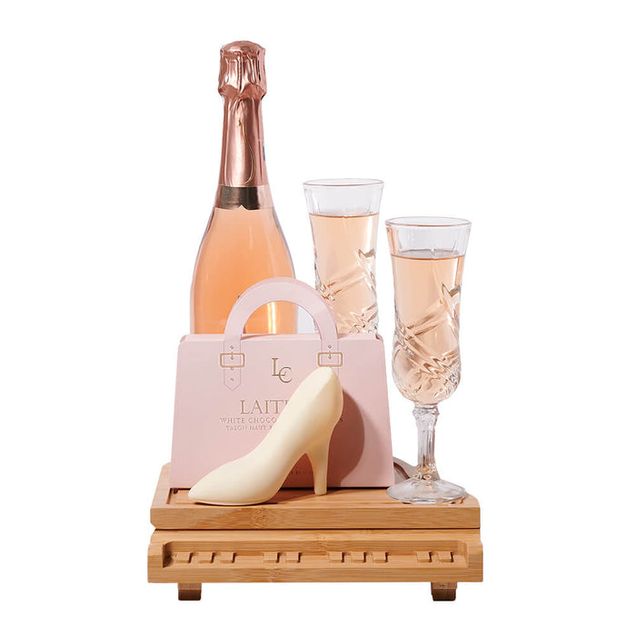 Mother's Day Sparkling Wine Gift with White Chocolate Heels and Piano Board – gift basket with bottle of sparkling wine, laitiere white chocolate