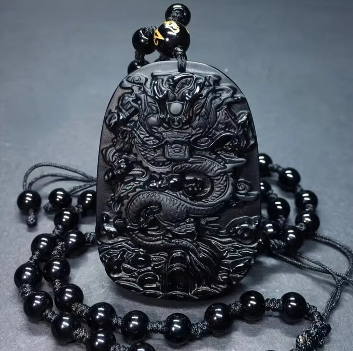 Natural Obsidian Dragon Luck Amulet - Protection Pendant & Necklace.