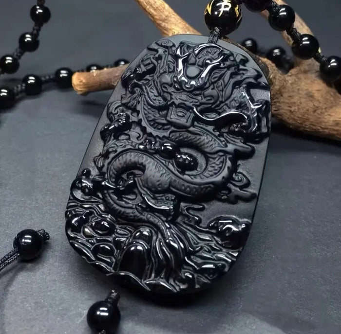 Natural Obsidian Dragon Luck Amulet - Protection Pendant & Necklace.
