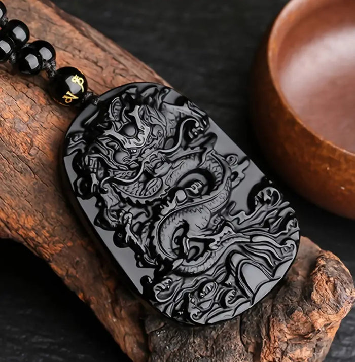 Natural Obsidian Dragon Luck Amulet - Protection Pendant & Necklace.