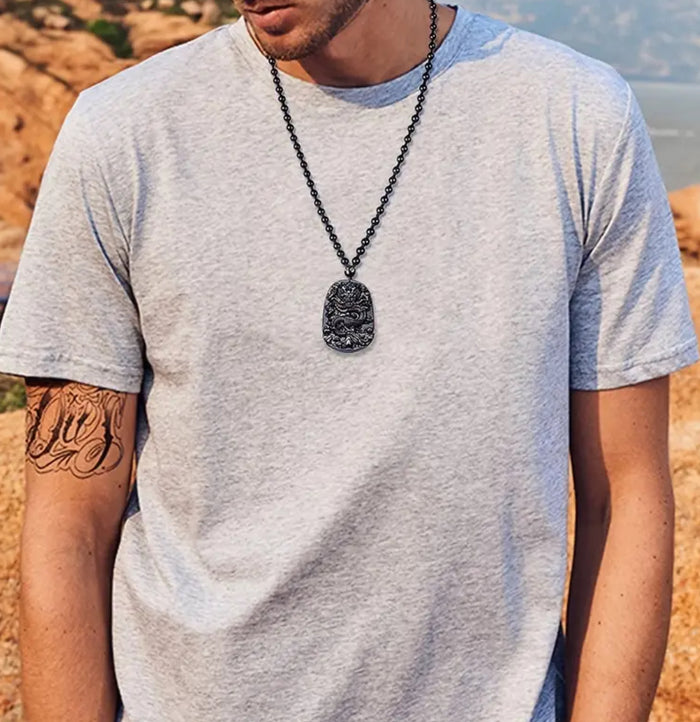 Natural Obsidian Dragon Luck Amulet - Protection Pendant & Necklace.