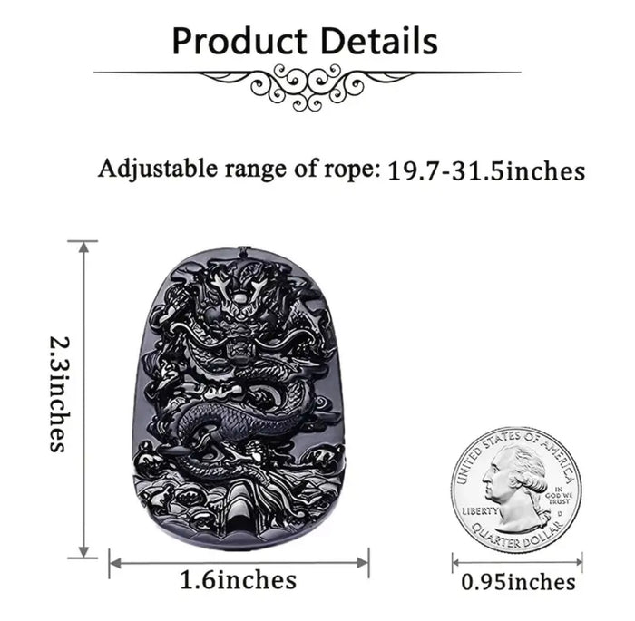 Natural Obsidian Dragon Luck Amulet - Protection Pendant & Necklace.