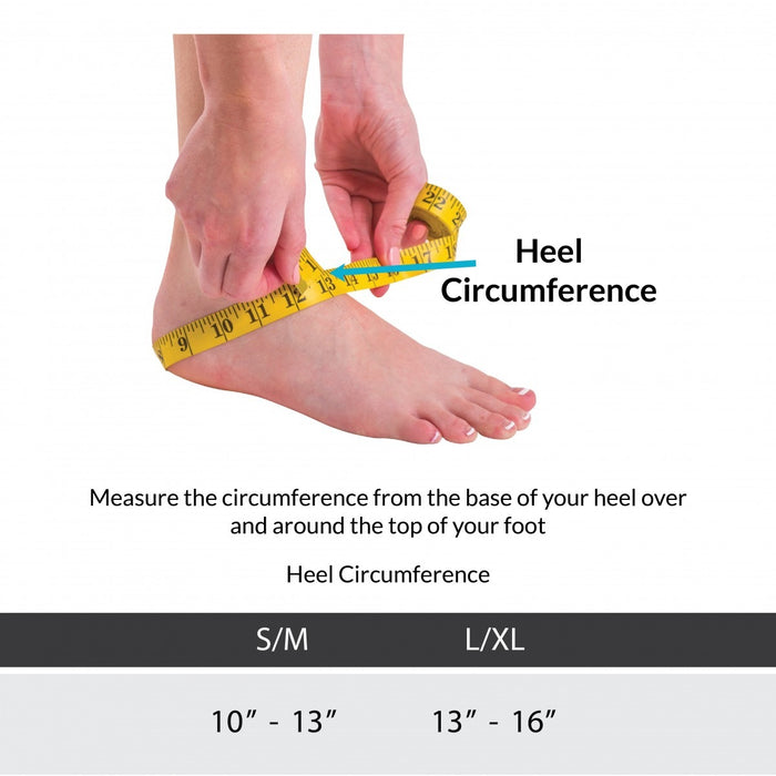 The sizing for this neoprene ankle brace comes in a  Size S/M can be worn on your left or right ankle and fits heel circumferences of 10"-13". The large-xlarge fits circumferences of 13"-16"