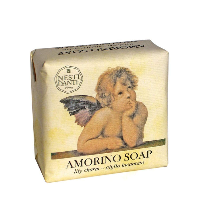 Lily Charm soap bar in Nesti Dante illustrated box with angel and lily text