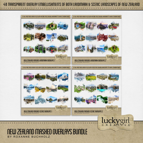 New Zealand Masked Overlays Digital Scrapbook Bundle Highlight your vacation memories with these beautiful, digital landmark masked photo overlays by Lucky Girl Creative. Great for digital scrapbooking holidays to New Zealand and exploring native and indigenous life! With transparent edges, these masked photographs blend seamlessly into any background paper and make the perfect backdrop for all travel, vacation, and holiday pages.