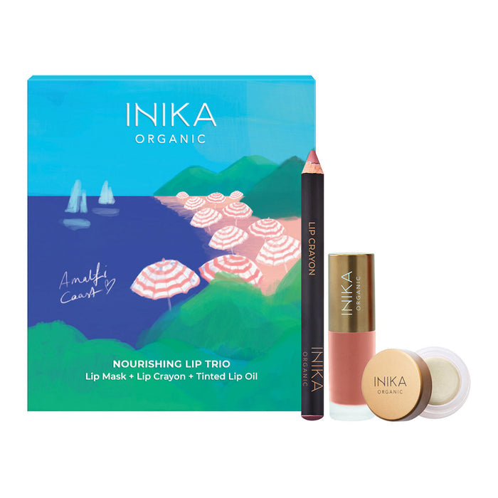 INIKA Organic nourishing lip trio with Amalfi Coast artsy packaging.