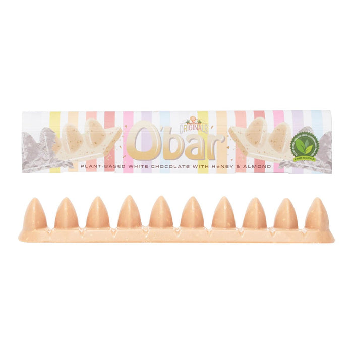 Plant-based white chocolate o'bar with honey & almond. On a white background.