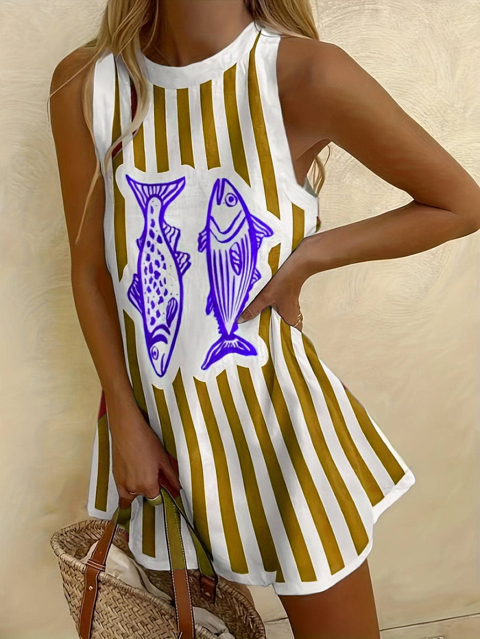 Ocean Sardines print crewneck sleeveless mini dress: Red