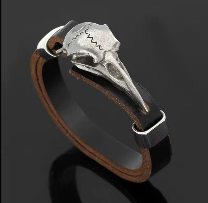 Odin Raven Amulet Stainless Steel Cow Leather Viking Bracelet