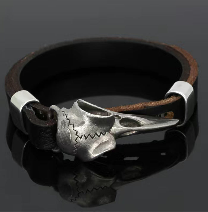 Odin Raven Amulet Stainless Steel Cow Leather Viking Bracelet