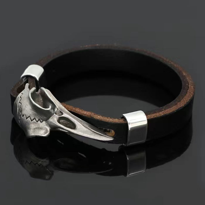 Odin Raven Amulet Stainless Steel Cow Leather Viking Bracelet