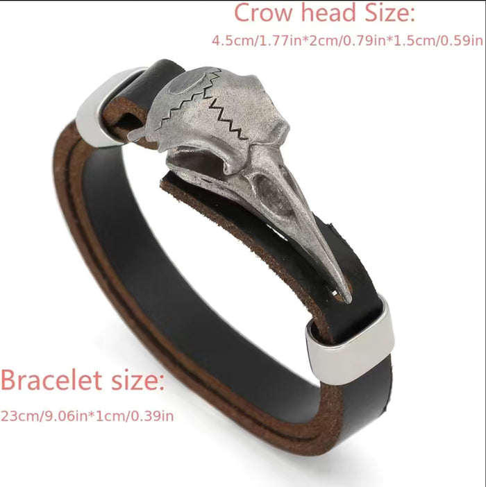 Odin Raven Amulet Stainless Steel Cow Leather Viking Bracelet