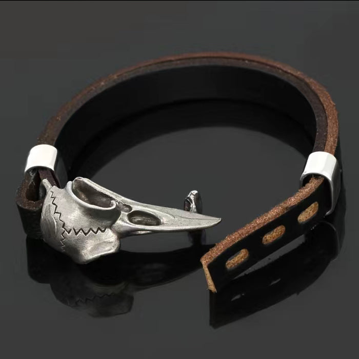 Odin Raven Amulet Stainless Steel Cow Leather Viking Bracelet