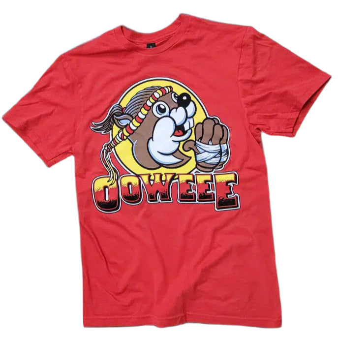 The Oowee Muay Thai Beaver Tee by Retro Grappler is a red preshrunk cotton shirt featuring a cartoon beaver in a feathered headband and bandaged paw, with “OOWEE” in bold yellow and red letters below the image.