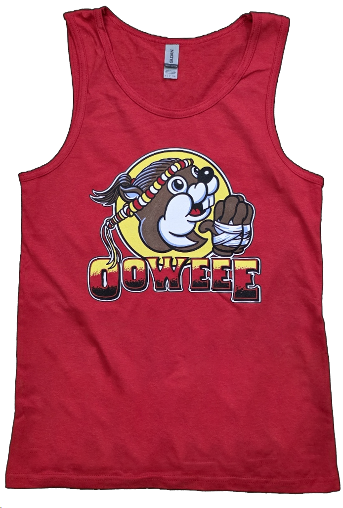 The Ooweee Muay Thai Tank Top by Retro Grappler features a red design with a cartoon beaver holding a chocolate ice cream, bold OOWEE lettering, and is part of the playful Secret Deal collection inspired by the Oowee Otter spirit.