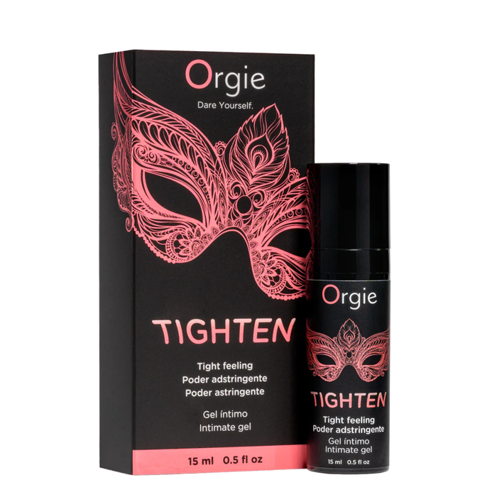A black box and a small black pump bottle of Orgie Tighten intimate gel, both featuring a pink Venetian mask design.