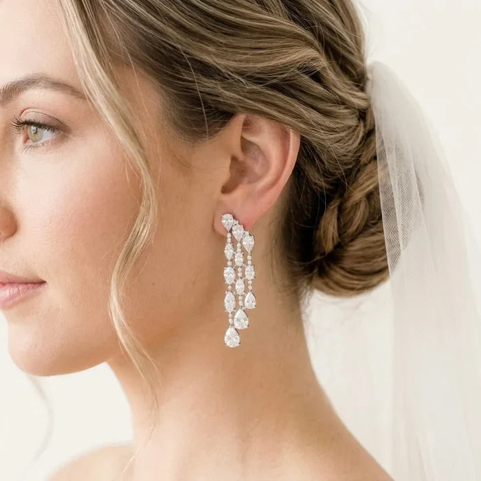 Wedding Jewelry - Silver Cubic Zirconia Bridal Earrings