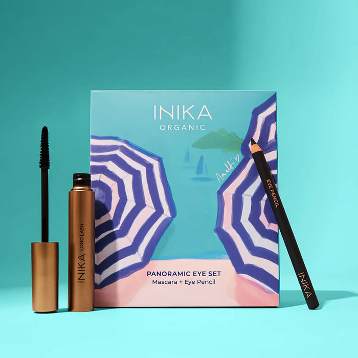 INIKA Organic Panoramic Eye Set with mascara, eye pencil, and packaging on a teal background.