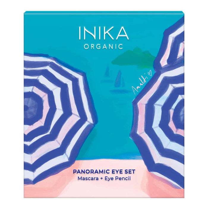 INIKA Organic Panoramic Eye Set packaging with beach umbrella design.