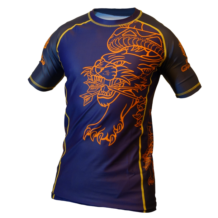 The Retro Grappler Panther Old School Tattoo Style Rash Guard features four-way stretch fabric, a dark blue base, bold orange snarling tiger graphic inspired by Sailor Jerry tattoos, and yellow-stitched seams for standout style.