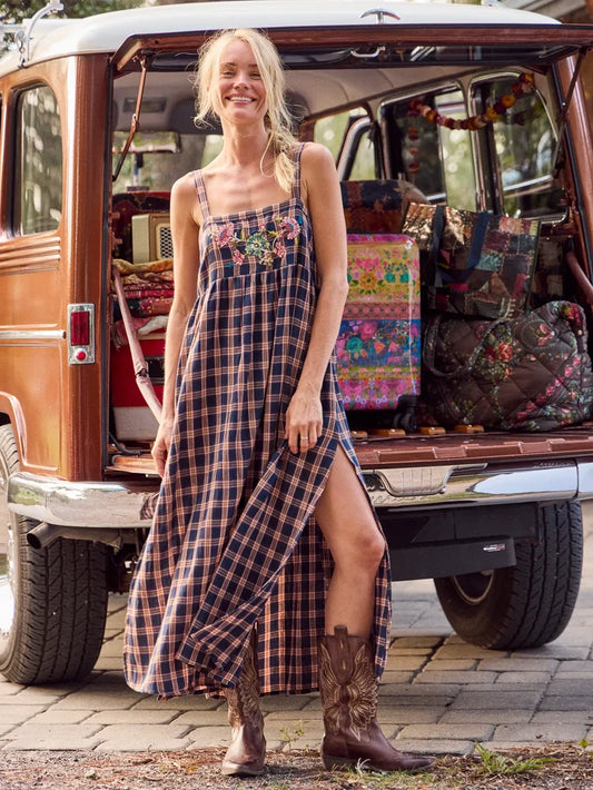 Patti Embroidered Cotton Flannel Maxi Dress - Navy Caramel Plaid-view 1