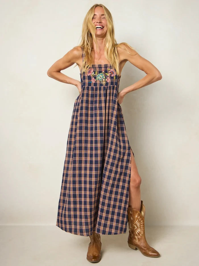 Patti Embroidered Cotton Flannel Maxi Dress - Navy Caramel Plaid-view 4