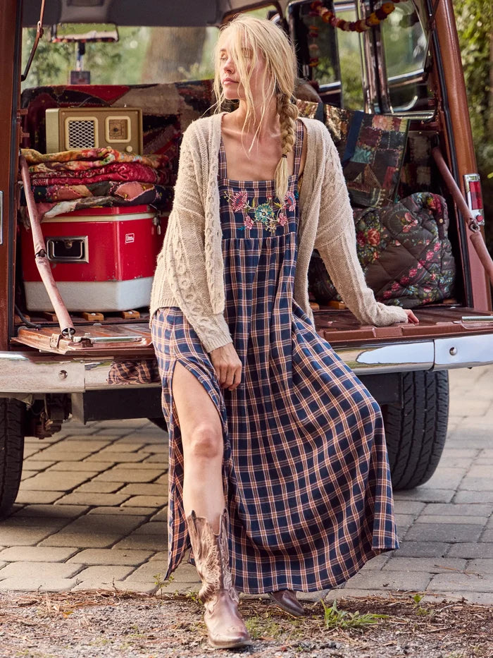 Patti Embroidered Cotton Flannel Maxi Dress - Navy Caramel Plaid-view 5