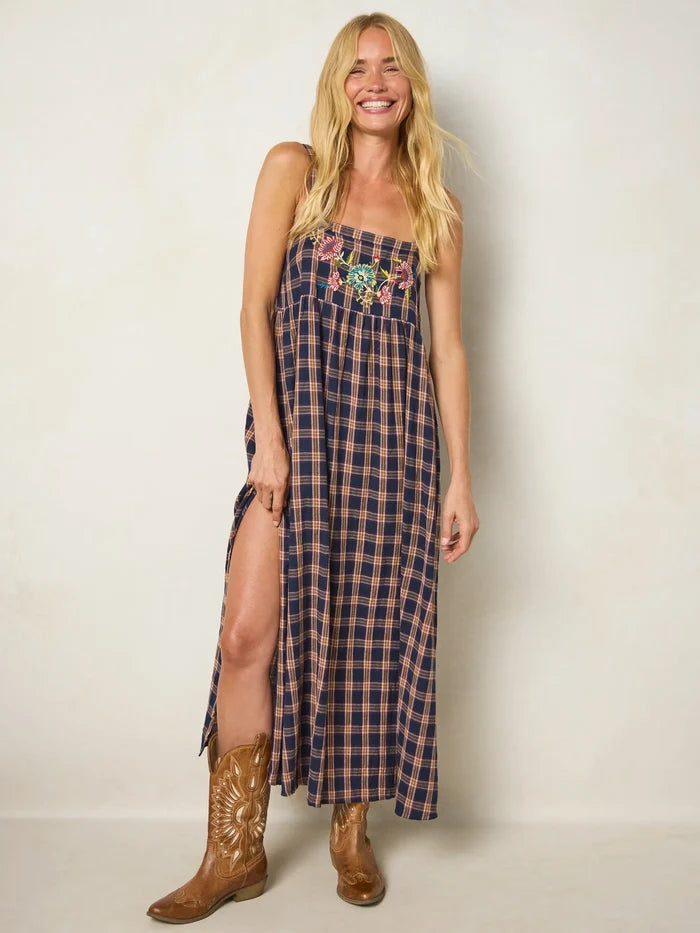 Patti Embroidered Cotton Flannel Maxi Dress - Navy Caramel Plaid-view 6