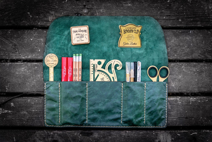 Personalized Leather Pen Roll - Rustic Green