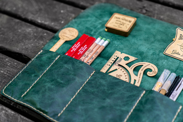 Personalized Leather Pen Roll - Rustic Green