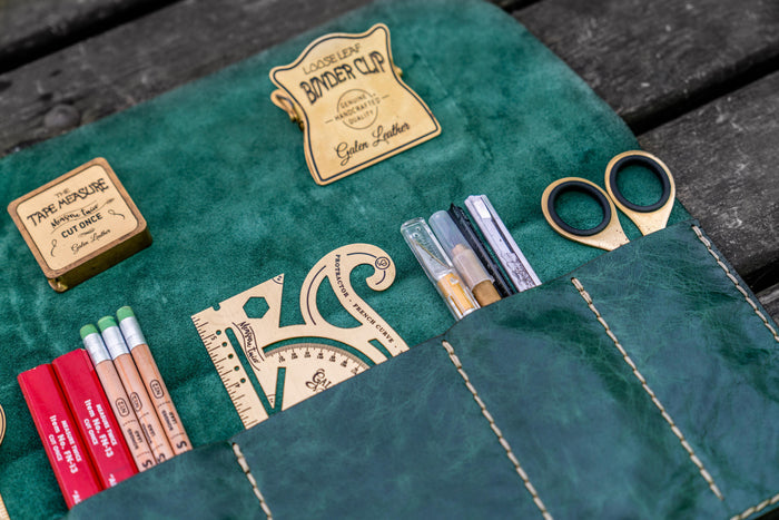 Personalized Leather Pen Roll - Rustic Green